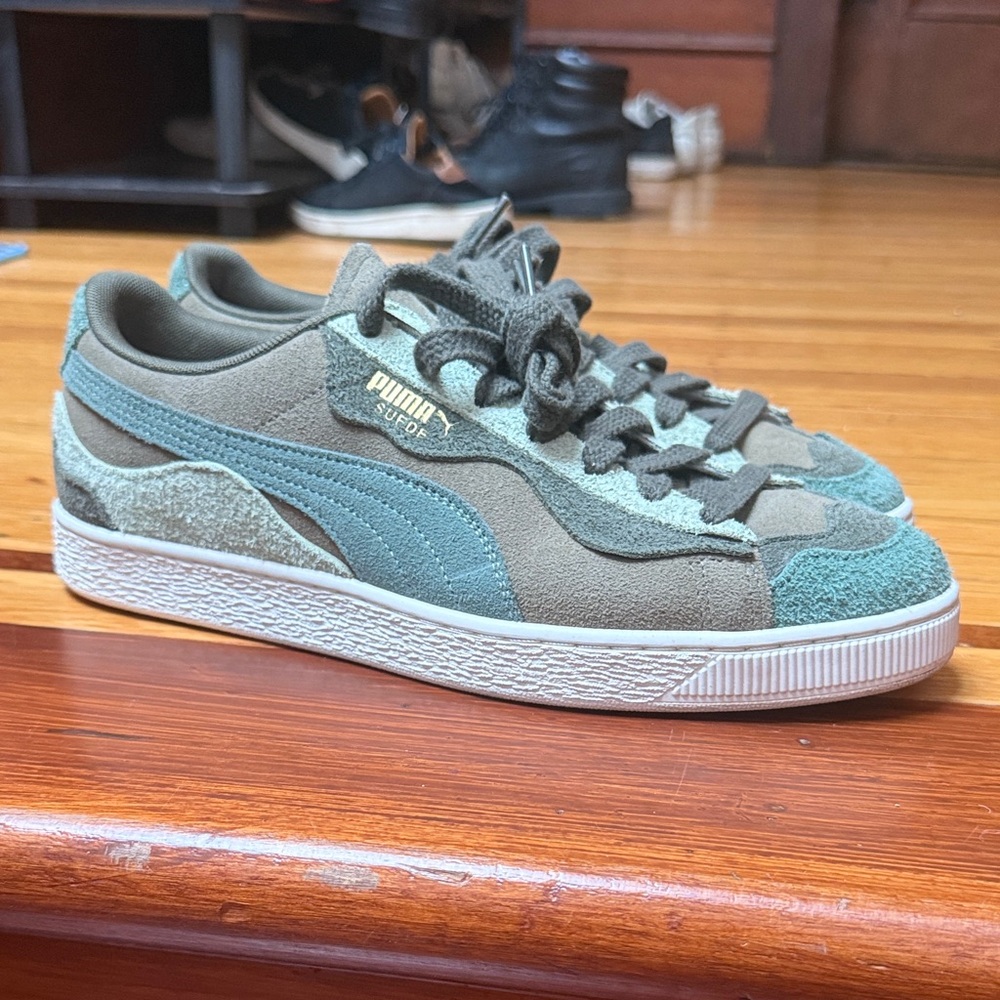 Puma Suede “trippy” Sneakers in Olive Green & Teal Accents